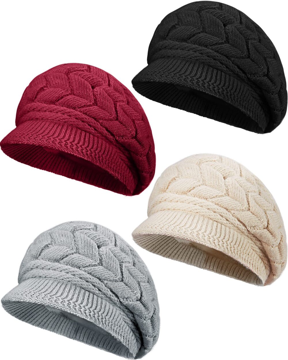 9595 4 Pcs Winter Hat Knitted Caps with Visor 2025 Warm Hats Beanies
